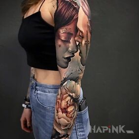 Tattoo There will be a kiss soon on the upper arm motif: characters style: realistic