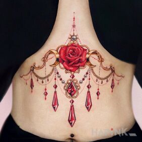 Tattoo Rose with glitter on the stomach motif: flowers style: realistic