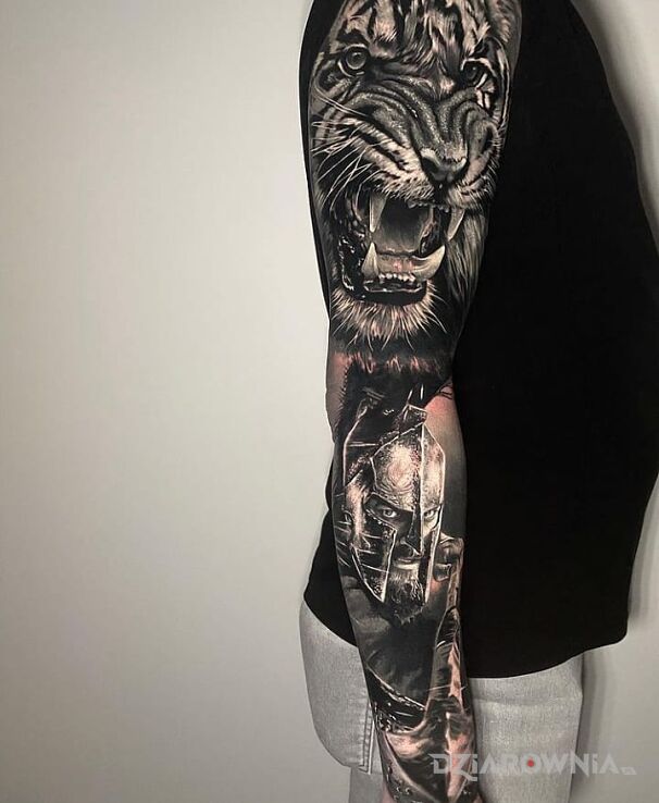 Tatuaż wojownik sparty z tygrysem w motywie zwierzęta i stylu realistyczne na ręce