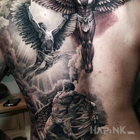 Tattoo Daedalus and Icarus on the shoulder blades motif: characters style: realistic