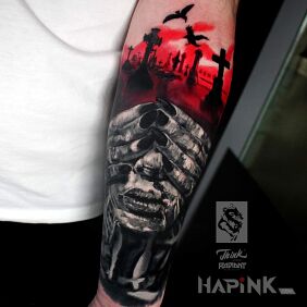 Tattoo Cemetery on the forearm motif: faces style: realistic
