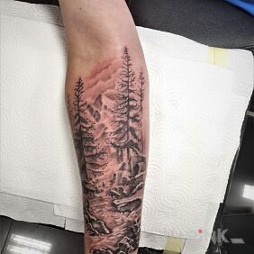 Tattoo Forest, mountains, stream On the arm motif: other style: realistic