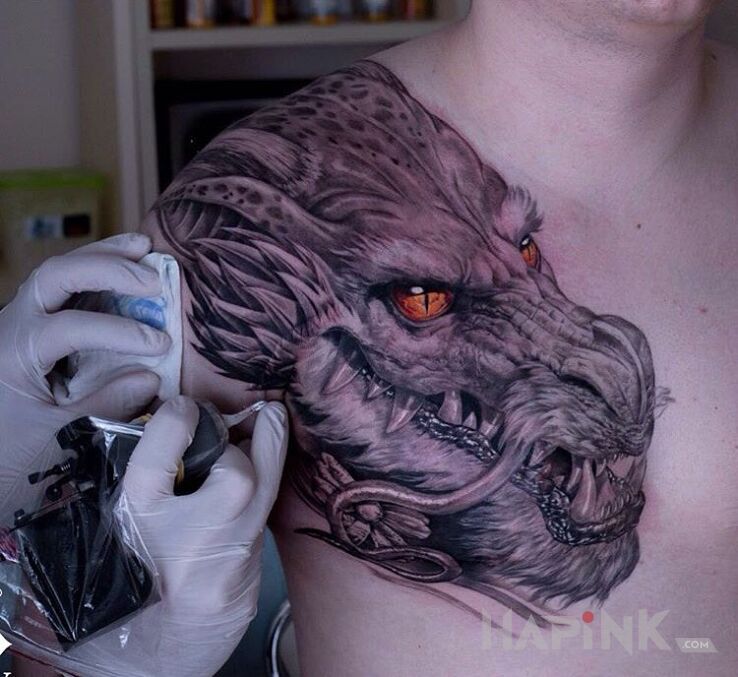 Tattoo Smok chiński in 3D motif and realistic style on the chest