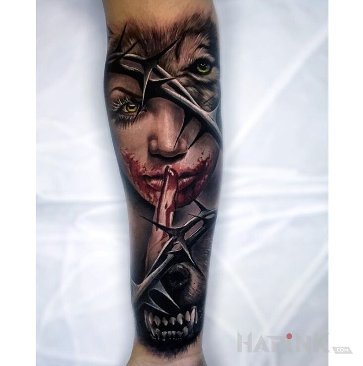 Tattoo Wilkołak in animals motif and realistic style on the forearm