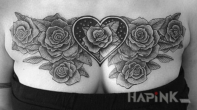 Tattoo Kwiaty u kobiety in black and gray motif and graphic / illustrative style on the breast