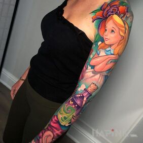 Tattoo My Beloved Cinderella on the upper arm motif: colorful style: cartoon / comic book