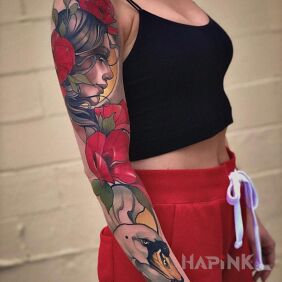 Tattoo Woman with a goose on the upper arm motif: animals style: neo-traditional