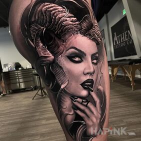 Tattoo Horned she-devil on the thigh motif: 3D style: realistic