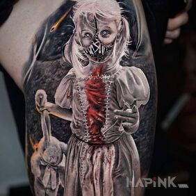 Tattoo The little girl wants to play on the leg motif: 3D style: realistic