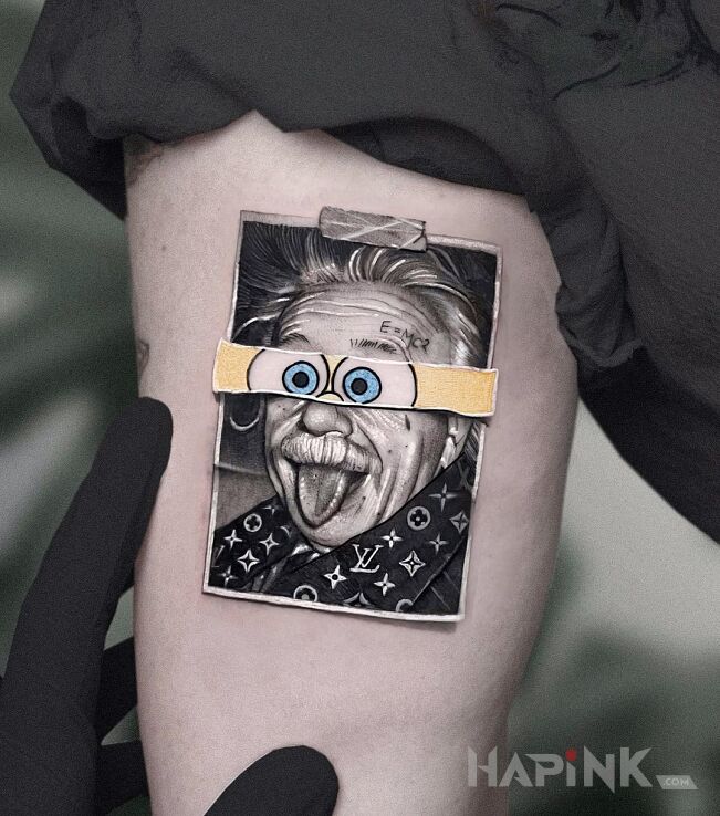 Tattoo Albert einstein 😅 in faces motif and cartoon / comic book style on the bicep