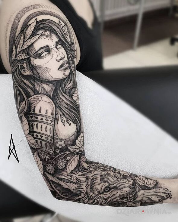 Tatuaż białooka dziewczyna w motywie czarno-szare i stylu graficzne / ilustracyjne na ręce