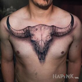 Tattoo Animal skull on the chest motif: 3D style: realistic
