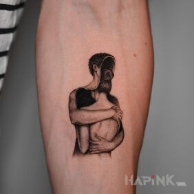 Tattoo Woman in a man's embrace On the arm motif: black and gray style: graphic / illustrative