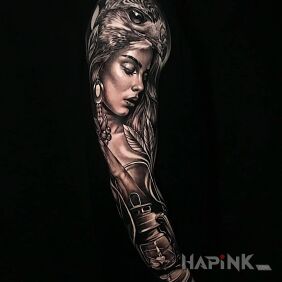 Tattoo Woman on a black background on the forearm motif: animals style: realistic