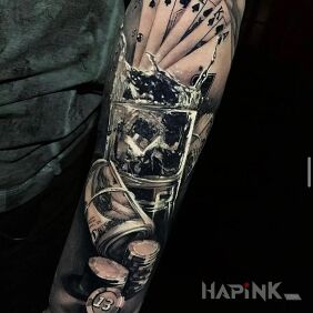 Tattoo Alcohol and gambling on the forearm motif: 3D style: realistic