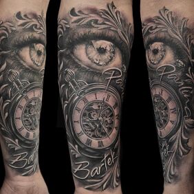 Tattoo Family themes on the forearm motif: lettering style: realistic