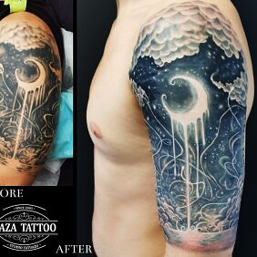 Tattoo Skyline on the upper arm motif: other style: graphic / illustrative