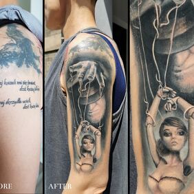 Tattoo Cover up puppet on the upper arm motif: cover-up style: graphic / illustrative