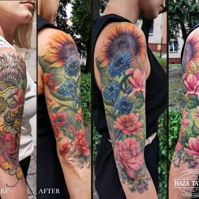 Tattoo Flowers in the arms On the arm motif: cover-up style: realistic