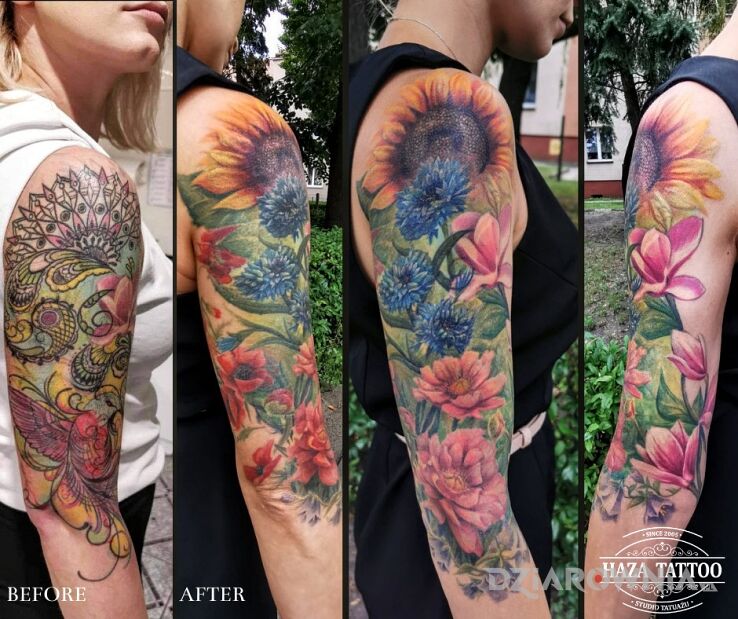 Tatuaż kwiaty w ramionach w motywie florystyczne i stylu realistyczne na ramieniu