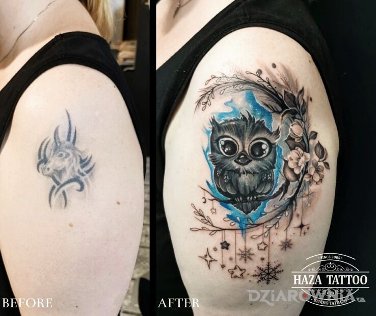 Tatuaż mała sówka sowa w motywie ornamenty i stylu graficzne / ilustracyjne na ramieniu
