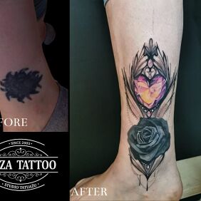 Tattoo Diamond heart cover up near the ankle motif: flowers style: graphic / illustrative