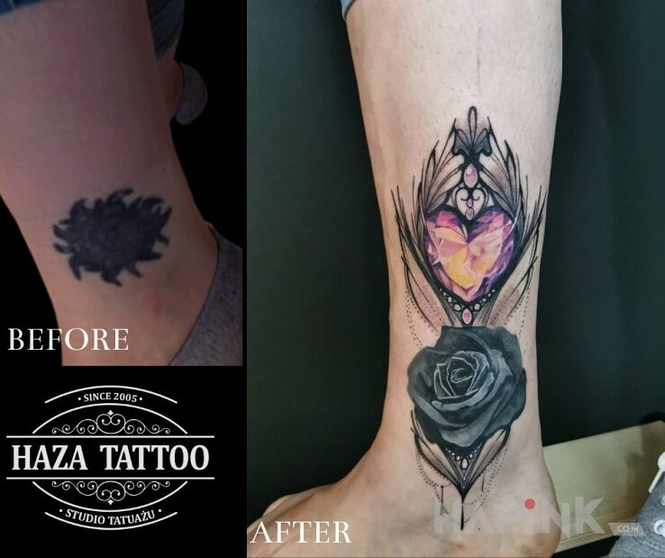 Tattoo Diamond heart cover up in cover-up motif and graphic / illustrative style on the leg