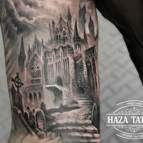 Tattoo Stronghold on the bicep motif: other style: realistic