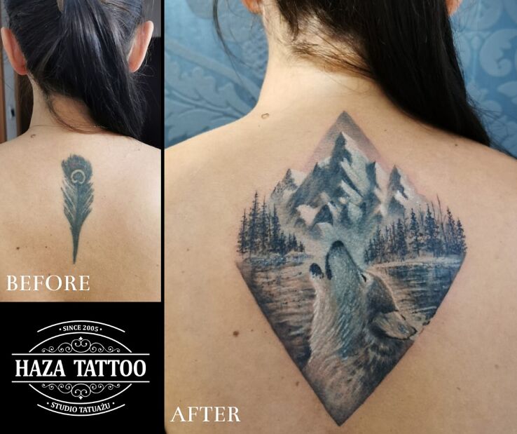 Tatuaż Cover up krajobraz góry, wilk w motywie natura i stylu realistyczne na plecach