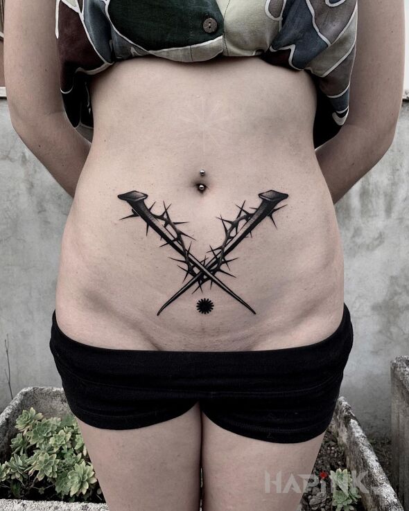 Tattoo Dwa gwoździe in objects motif and graphic / illustrative style on the stomach