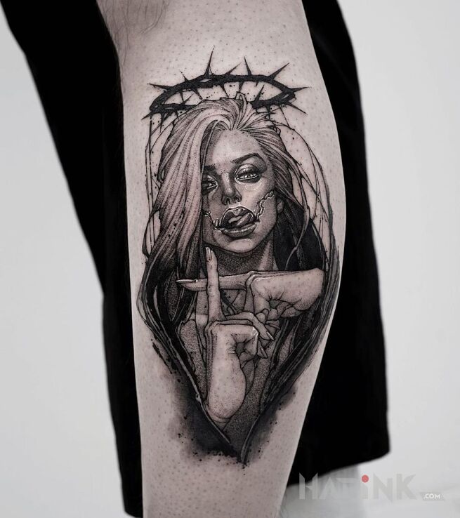 Tattoo Heretyczka in black and gray motif and realistic style On the arm