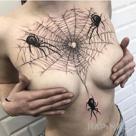 Tattoo 3 little spiders on the chest motif: black and gray style: realistic