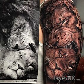 Tattoo Marital frolics in the lion's world on the upper arm motif: 3D style: realistic