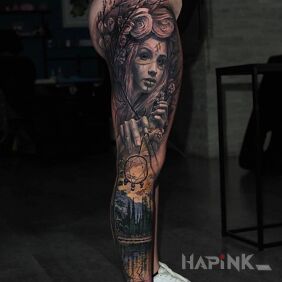 Tattoo Hocus pocus by the lake on the leg motif: 3D style: realistic
