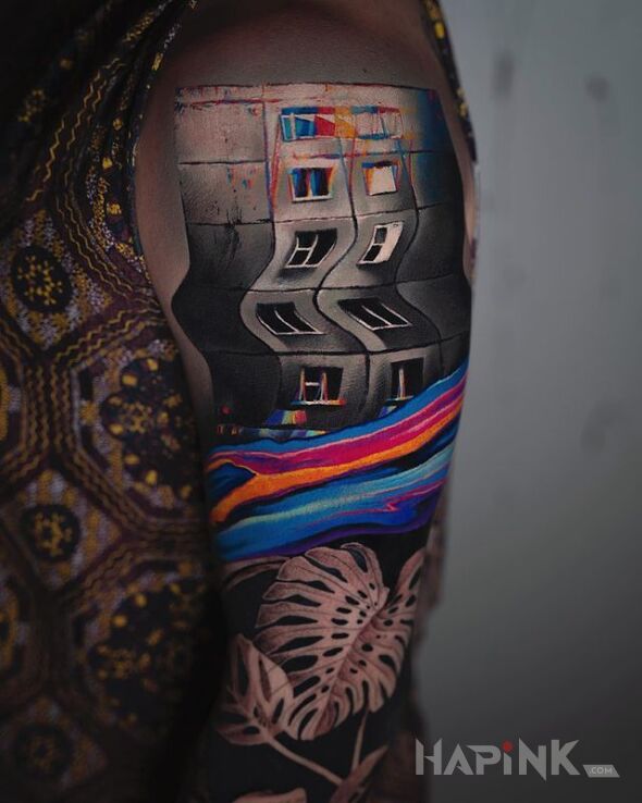 Tattoo Blok w krzywym zwierciadle in colorful motif and surrealistic style on the upper arm