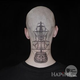 Tattoo Ship on the nape motif: black and gray style: graphic / illustrative