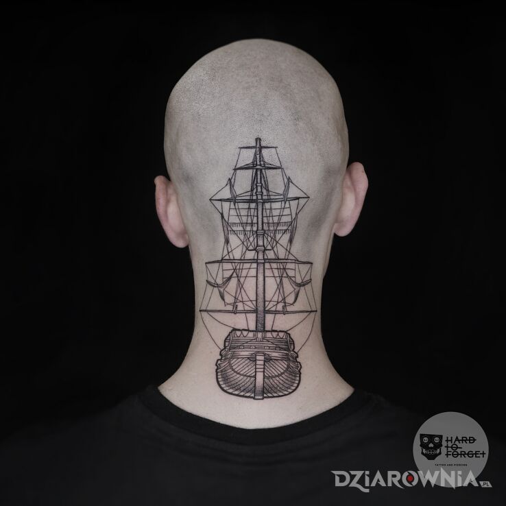 Tatuaż statek w motywie pozostałe i stylu kontury / linework na głowie