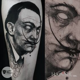 Tattoo Salvador Dali on the forearm motif: faces style: graphic / illustrative