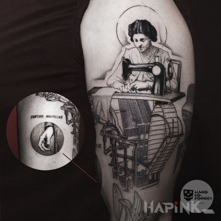 Tattoo Włókinarka in characters motif and dotwork style on the upper arm