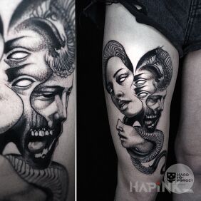 Tattoo Faces on the leg motif: faces style: surrealistic