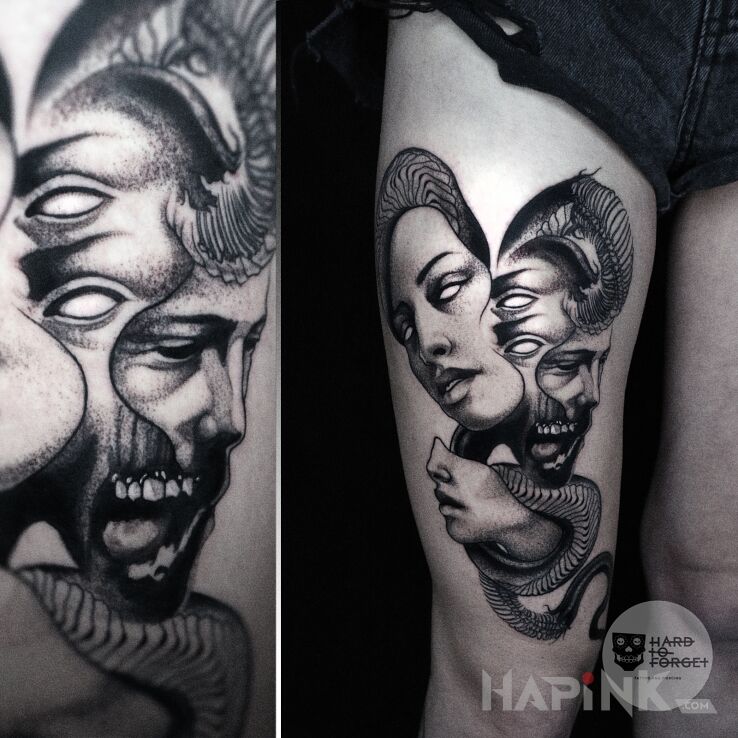 Tattoo Twarze in black and gray motif and surrealistic style on the thigh