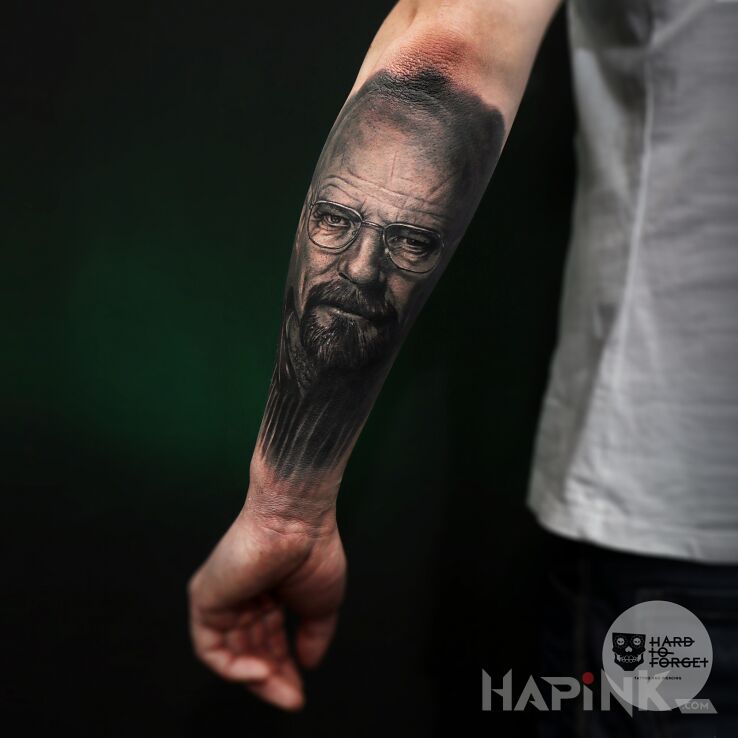 Tattoo Walter White in black and gray motif and realistic style on the forearm