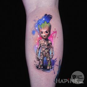 Tattoo Baby Groot on the leg motif: characters style: Watercolor