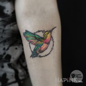 Tattoo Hummingbird on the forearm motif: colorful style: graphic / illustrative