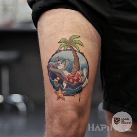 Tattoo Tom on the leg motif: characters style: graphic / illustrative