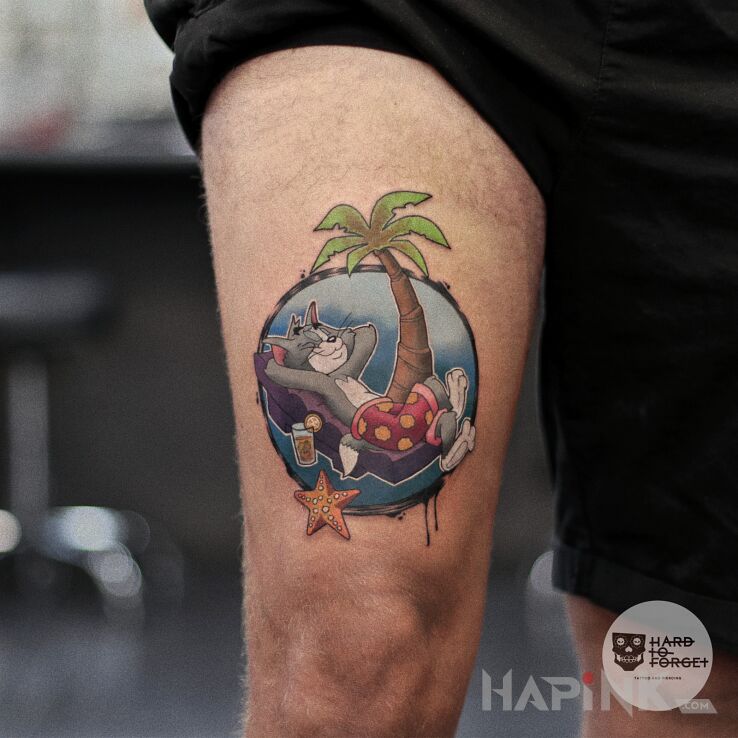 Tattoo Tom in colorful motif and graphic / illustrative style on the leg