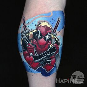 Tattoo Deadpool on the leg motif: characters style: cartoon / comic book