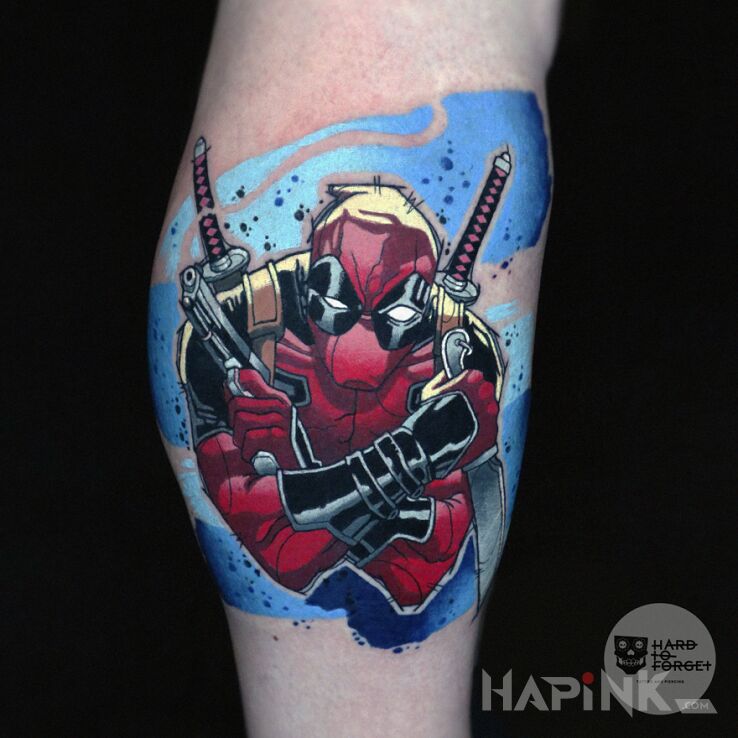 Tattoo Deadpool in colorful motif and cartoon / comic book style on the calf
