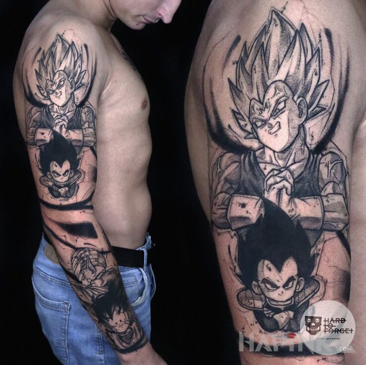 Tattoo Dragon Ball in black and gray motif and graphic / illustrative style on the forearm