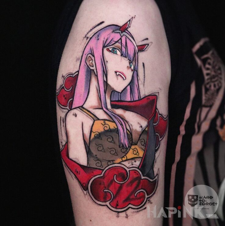 Tattoo Zero Two in colorful motif and graphic / illustrative style on the upper arm